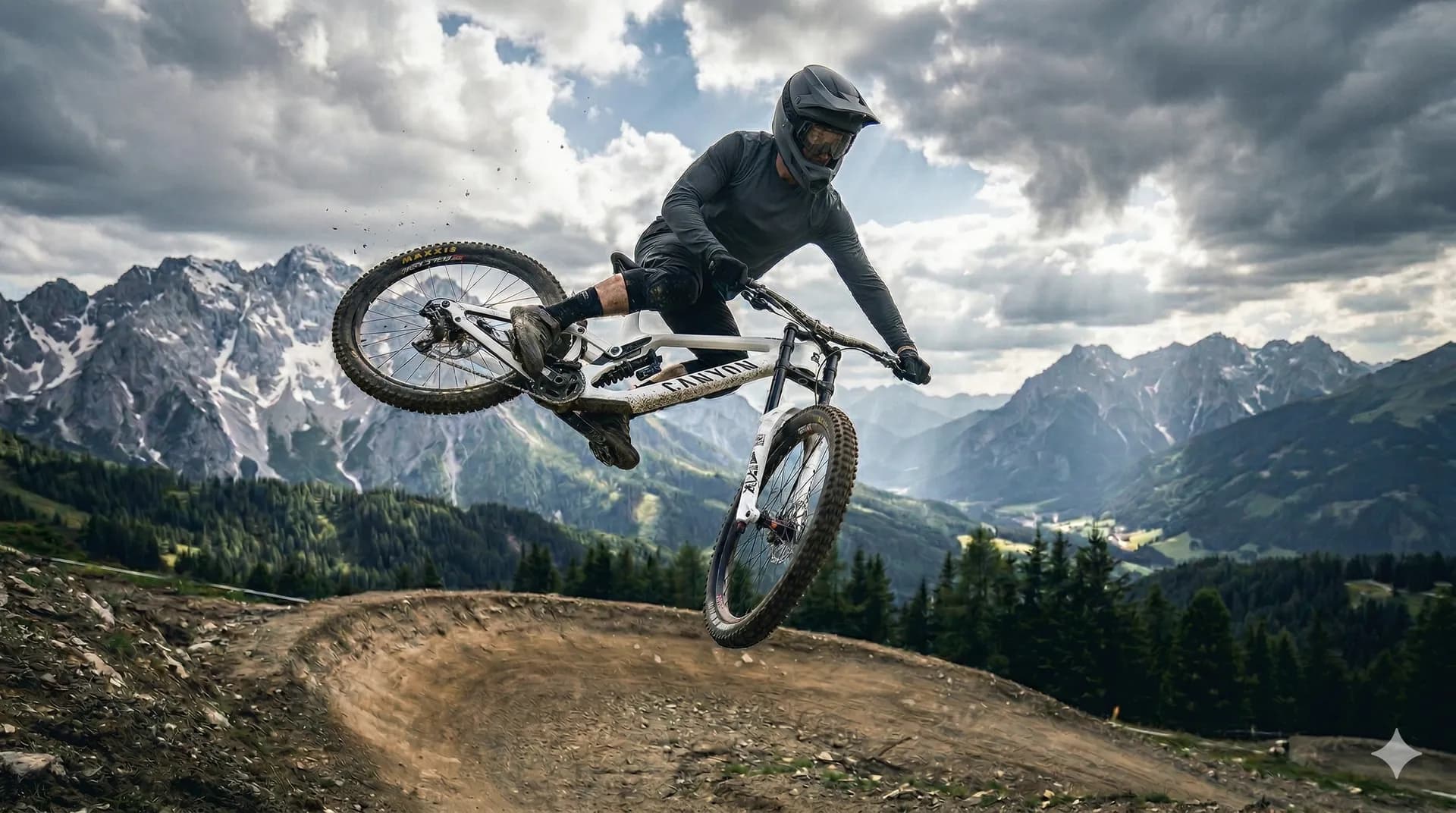 Mountainbiker springt über einen Kicker im Bikepark